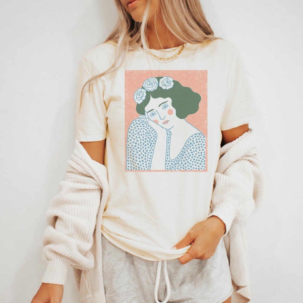 Risograph Style Woman with Roses Vintage Style Shirt